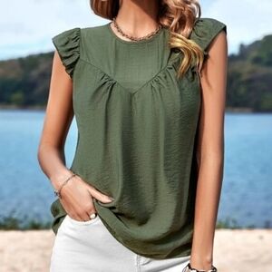 Women's Olive Green Ruffle Sleeve Top